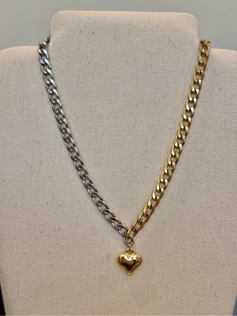 Two-Tone Gold & Silver Heart Pendant Chain Necklace